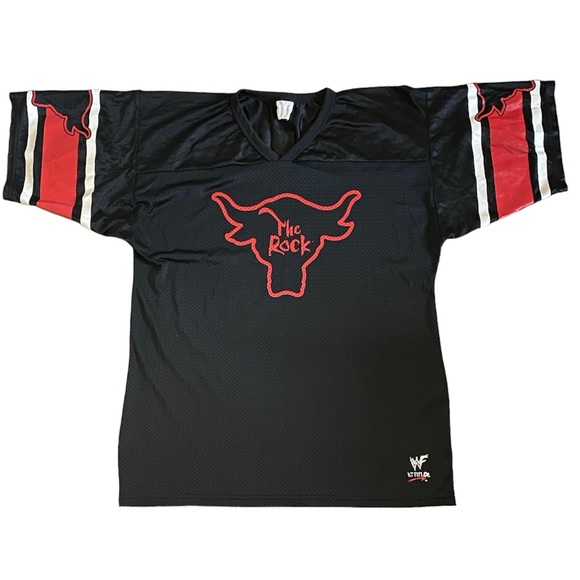 Men Vintage WWF WWE Dwayne The Rock Johnson #1 Black Red Football Jersey - Picture 3 of 3